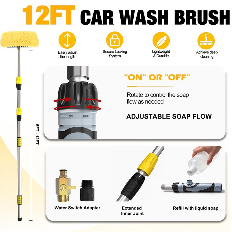 LAANPOLE 12FT Car Wash Brush with Long Handle, Car Cleaning