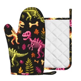 Dinosaur Skeleton Oven Mitts and Pot Holders Sets Non-Slip Silicone Surface for BBQ Gloves,Kitchen,Cooking,Baking,Grilling