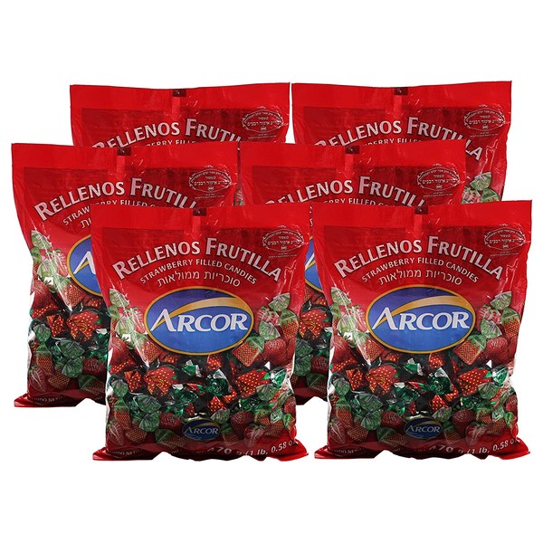 Arcor Kosher Filled Strawberry Flavored Hard Candy with Chewy Centers - Each bag contains 470 Grams = Total 2820-grams (6.21lb) (Pack of 6).