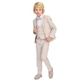Lilax Boys Suit Set, Formal Jacket, Vest, Pants, Shirt and Matching Bowtie 5 Piece(12 Months, Beige)