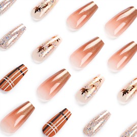 Fall Press on Nails Medium Coffin Fake Nails with Maple Leaf Designs Brown Gradient Nails Press ons Glossy Glue on Nails Thanksgiving Acrylic Nails Glitter False Nails Stick on Nails for Women 24Pcs