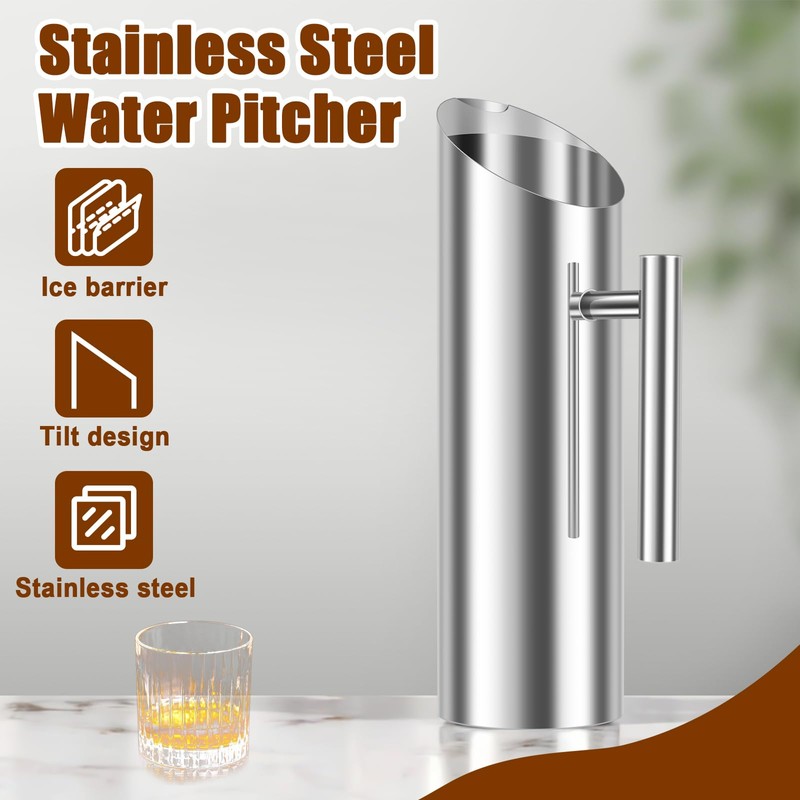 Smooth Silver Stainless Steel Water Pitcher with Ice Guard, Polished