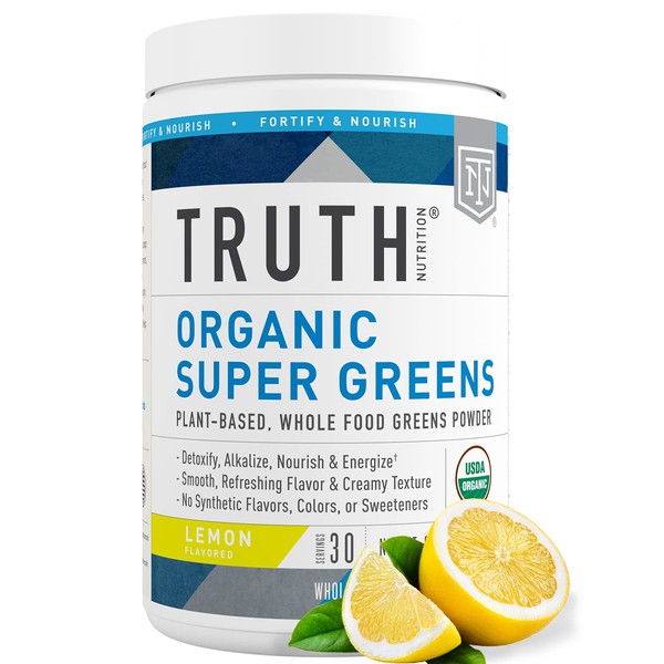 Truth Nutrition Super Greens Powder Organic - Green Superfood Powder 30 Servings Green Juice Powder - Organic Fruit and Vegetable Powder Supplement Green Smoothie Powder Mix (Lemon)