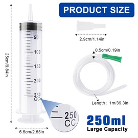 250 ml Syringe with Hose, Plastic Syringe with Cap, Large Syringe Reusable, Large Capacity Syringes, Individually Sealed Syringes for Laboratory, Industrial, Pet Feeding (150/250/350/550 ml)