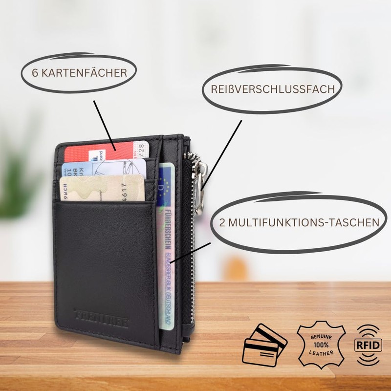 Frentree Kartenetui aus 100% Leder, RFID-Schutz, Mini-Geldbörse für Karten, Scheine