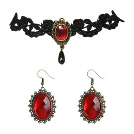 HDGSAFD 1 Lace Gemstone Necklace and 1 Pair Gemstone Earrings Gothic Jewelry Cosplay Accessories Punk Accessories, Lace, alloy, resin