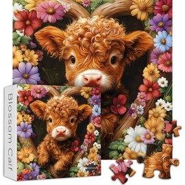 Highland Cow Puzzles for Adults 1000 Pieces, PICKFORU Blossom Calf Puzzle, Flower Garden Cute Cow Floral Themed, Heart Animal Plant Nature Puzzles for Adults