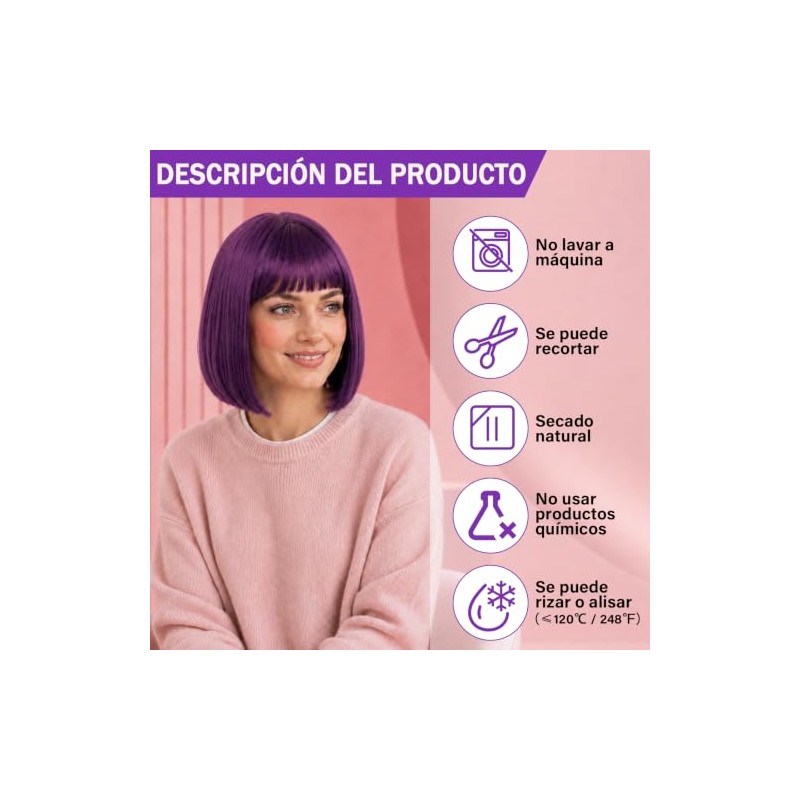 GALASALA Disfraz Mujer, Pelucas para Mujer Bob Corto con Flequillo