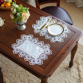 ARTABLE Lace Doily Placemats Round Lace Place Doilies Embroidered Flower Cup Mat Vase Mat for Table Topper Home Decoration Dinner Table (12 x 18'' 2pcs set, White)