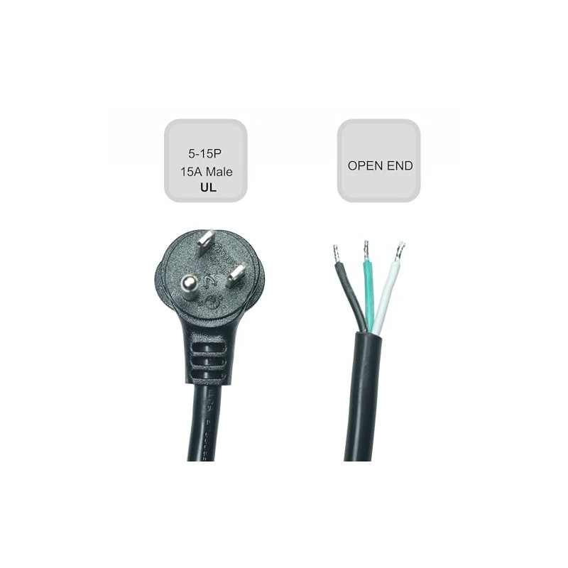 90 Degree Electrical Plug Replacement Power Cord with Open End