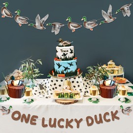 Duck Hunting First Birthday Decorations, One Lucky Duck Banner Mallard Duck Garland for Boys 1st Birthday Party Supplies