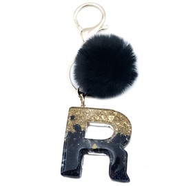 Xsclpomddy Women's Alphabet Letter Key Ring Cute Key Ring Glitter with Pom Pom Tassels Resin Keychain Black for Bag Charm, R