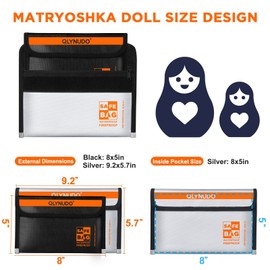 Small Fireproof Money Bag for Cash and Documents (8x5", Inside/External Size), 2-Pack Money Pouch with Water Resistant Zipper, Waterproof Safe Bag Set, 3 Layers (Silicone/Glass Fiber/Aluminum Foil)