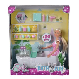 Simba Steffi Love 105733589 Bath Fun, Doll and Cute Raccoon Bathing in the Bath, with 2-in-1 Towel, Accessories, 29 cm Toy Doll, from 3 Years