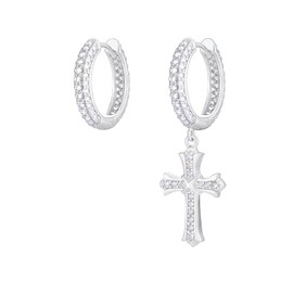 KRKC Cross Earrings for Men, Sterling Silver Earrings, White Gold Dangle Earrings, Hypoallergenic Urban Street-wear 15mm Round Gold Hip Hop Hoop Hinged Hanging Earrings for Men and Women