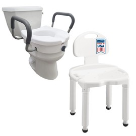 Carex E-Z Lock Toilet Seat and Shower Chair Bundle, Commode Toilet Seat Riser with Arms, Bath and Shower Chair with Back Support for Disabled, Handicap, and Injured Persons