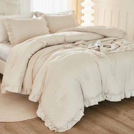 Litanika Litanika Comforter Full Size Set Beige, 3 Pieces Ruffle Lightweight Bedding Comforter Set, Fluffy Bed Set (79x90In Comforter, 2 Pillowcases)