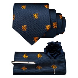 RBOCOTT Lion Navy Ties for Men Novelty Fun Patterns Necktie and Pocket Square Tie Clip Lapel Pin Set 4PCS(21)
