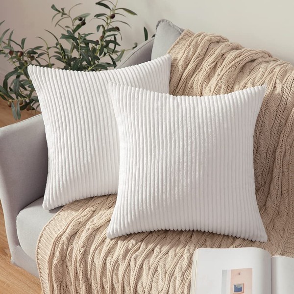 MIULEE Pack of 2 Christmas Corduroy Soft Solid Decorative Square Throw Pillow Covers Cushion Cases Pillow Cases for Couch Sofa Bedroom Car 18 x 18 Inch 45 x 45 cm, Pure White