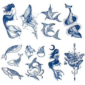 Kotbs 8 Sheets Semi Permanent Mermaid Whale Shark Tattoos, 100% Plant-Based Ink Infinity Premium Fake Tattoo Stickers, 1-2 Weeks Long Last Waterproof Tattoos for Adults Men Women Girls Kids