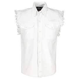BIKER WEAR USA 100% Cotton Denim Shirt- Sleeveless Shirt with Pockets & Cut-Off Sleeves (White)