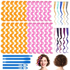 JTgugu 24 Pieces Curlers + 10 Pieces Wigs Set Wave Spiral Curls Styling Kit Spiral Curls No Heat Hair Wave Styles Curler Overnight with 2 Styling Hooks for All Hair Lengths