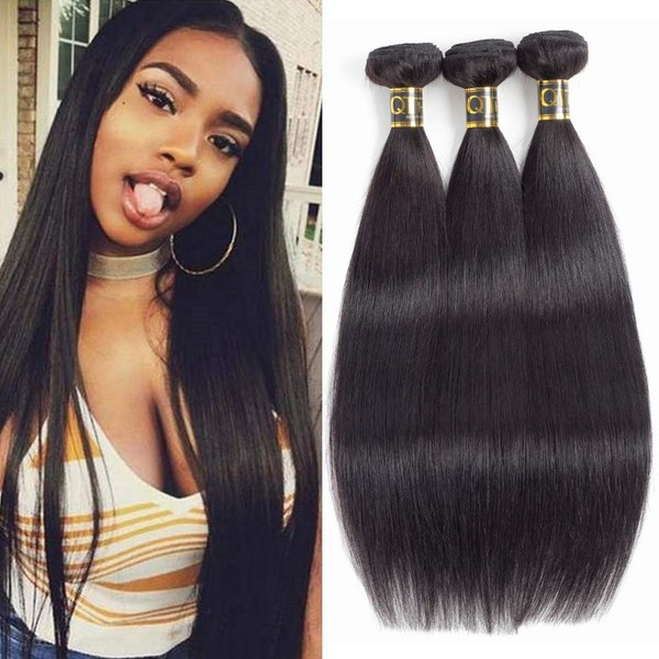 QTHAIR 12A Weave Hair (28 26 24inch) 3 Bundles Indian Remy Human Straight Hair 100% Unprocessed Indian Virgin Human Hair Weave Straight Hair Bundles Extension Natural Color Hair Indian