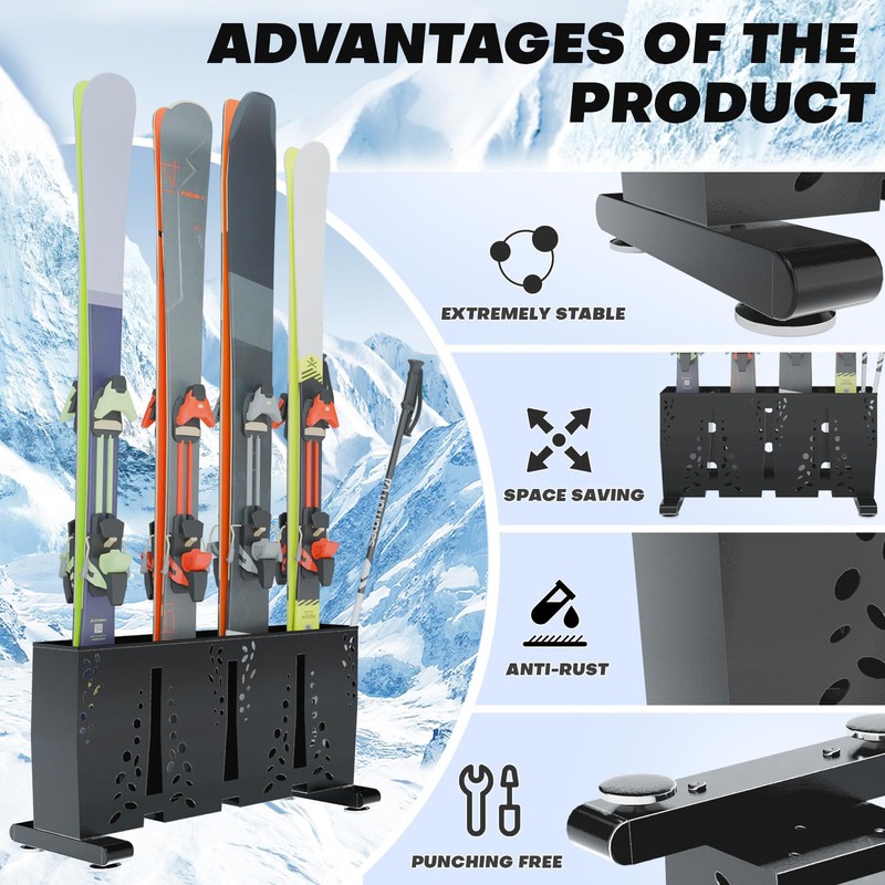 Ski Storage Rack for Garage, 4 Pair Heavy Duty Steel
