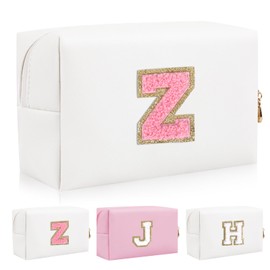 Bolsa de maquillaje con parche inicial personalizada, bolsa de chenilla con cierre, Color1-Rosa-Z