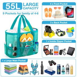 KPX Mesh Beach Bag, Tote Bag for Women Large Foldable Mesh Swimming Bag with Pockets - Sandproof, Waterproof(Teal-PVC Pocket)
