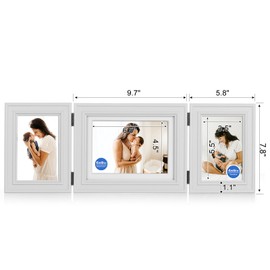 Tamolus 3 Vertical Horizontal Hinged Wood Picture Frame 4x6 and 5x7 Triple Folding Photo Frame Home Decor with Real Glass Front in White for Tabletop, Display 4x6 with Mat or 5x7 without Mat