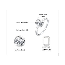 JewelryPalace Classic 1ct Emerald Cut Moissanite Solitaire Engagement Rings for Women, 14K White Gold Plated 925 Sterling Silver Promise Ring for Her, Anniversary Wedding Rings Size L