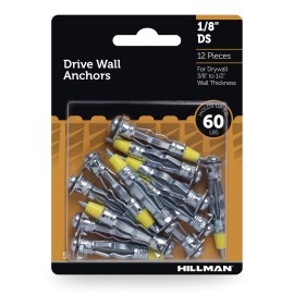 Unbranded Hillman Wall Anchors, 1/8"DS, Silver Zinc Finish, Steel, 60lbs, 12 Pack