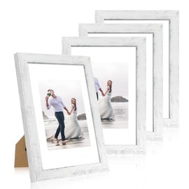 iRahmen 8x12 Picture Frame Set of 4 with High Definition Glass, Distressed White Frame Display 6x8 Picture with Mat or 8 x 12 Without Mat, Wood Rustic Photo Frames for Tabletop and Wall Mounting