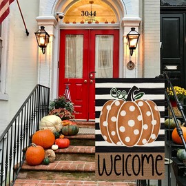 CROWNED BEAUTY Fall Garden Flag 12x18 Inch Double Sided Small Burlap for Outside Welcome Stripes Polka Dots Orange Pumpkin Seasonal Yard Decoration CF1153-12