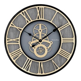 Bulova Timepiece Gear Wall Clock C4347 | 20" Ash Veneer Frame with Gold Roman Numerals | Quartz Movement | Battery Operated | Industrial-Inspired Design