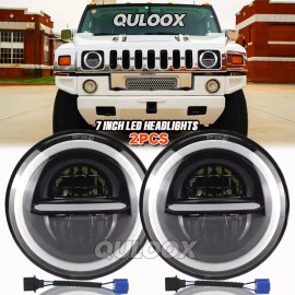 QULOOX For 2003-2009 Hummer H2 Pair 7" inch Round LED Headlights High Low Beam DRL Lamp