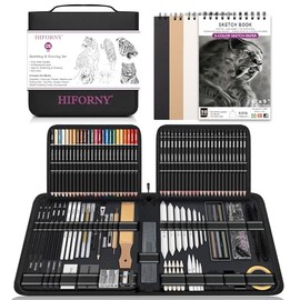 HIFORNY Juego de lápices de dibujo de 126 piezas, juego de lápices de boceto, suministros de arte con libro de bocetos de 3 colores, grafito, carbón, 