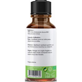 Organic Almond Oil Sweet 100% Pure and Natural Cold Pressed Extra Virgin Care for Body, Skin, Face, Hair Vegan 100 ml