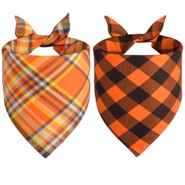 Doncida Orange Buffalo Plaid Dog Bandanas for Fall Thanksgiving, Reversible Triangle Dog Scarf for Small and Medium Dogs, Premium Durable Fabric Bibs for Pets 2 Pack (Small)