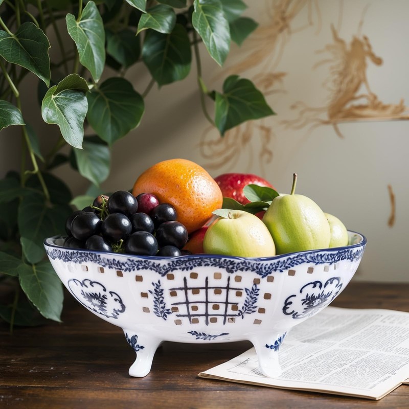 UANYEMON 9.8‘’ Blue and White Ceramic Decorative Bowl with Feet,