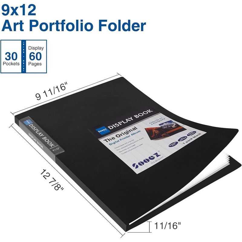 Sooez 30-Pocket Binder with Plastic Sleeves 9x12, Heavy Duty Art