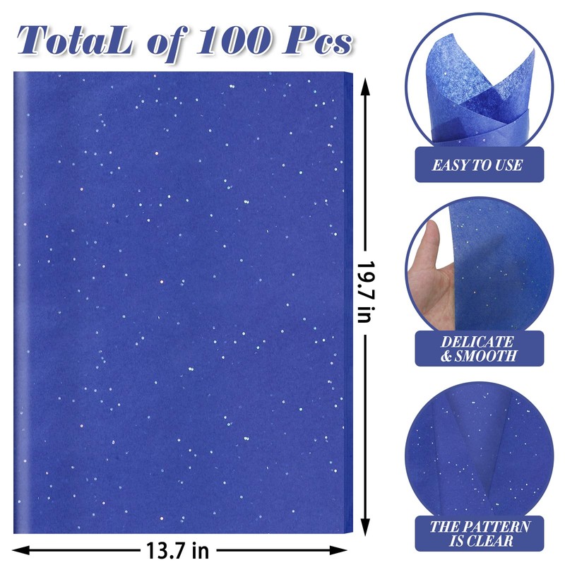 20 Sheets Glitter Tissue Paper, 20x14in Metallic Blue Little Sparkles