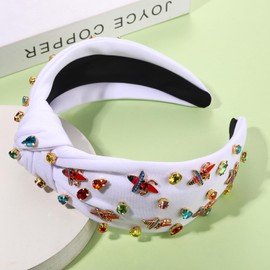 Mexican Headband for Women Cinco De Mayo Headband Beaded Fiesta Knotted Headbands Embellished Rhinestone Crystal Wide Top Knot Headbands Mexican Holiday Hair Accessory Party Favors Gifts (Chili 2)