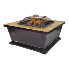 American Furniture Classics 5505 Outdoor Leisure Products 36 inch Square Steel Firepit with Decorative Slate Hearth and Oil Rubbed Bronze Finish fire Pit