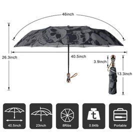 Lejorain Portable Folding Gothic Umbrella - Auto Open Close Windproof Travel Umbrellas Lightweight Sturdy Calavera Rain Umbrella for Mens Boys