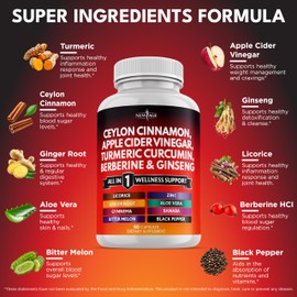 Ceylon Cinnamon, Turmeric, Apple Cider Vinegar, Ginseng, Aloe Vera, Berberine Plus Banaba, Ginger Root - 60 Count