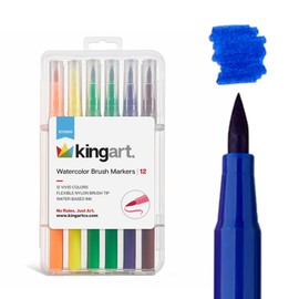 KINGART 'Watercolor-Effect' Brush Markers, 12 Colors - Brightly Colored Markers, Journaling, Lettering, Kids and Adult Coloring Books, and More, Convenient Carrying Case