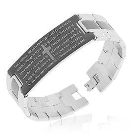 My Daily Styles Stainless Steel Black Silver-Tone Padre Nuestro Prayer Spanish Mens Bracelet, 8"