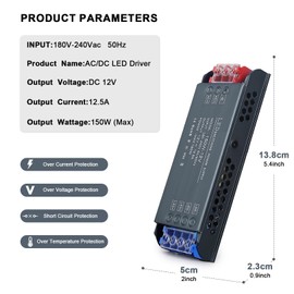 QNNP® LED Driver 150 Watts 12V DC Low Voltage Transformer Power Supply Transformer Adapter AC 110V to 12V DC, LED Power Supply for Indoor LED Lighting